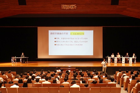 事前アンケートによる生徒の「大学のイメージ」、「高校卒業後の不安」「先輩への質問」などが紹介されました