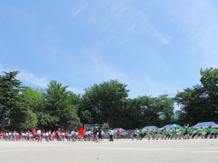 保護者も参加。グランドいっぱいに使った綱引き。