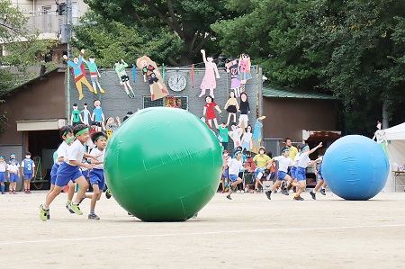 自分の背丈よりも大きな大玉を転がして順位を競った1・2年生による「大玉ころがし」