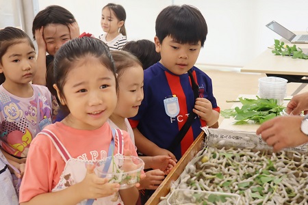 かいこの観察にも挑戦 恐る恐るかいこを受け取る子も