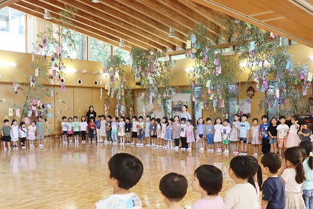 子どもたちの身長よりはるかに大きな6本の笹に囲まれて七夕の会を行いました